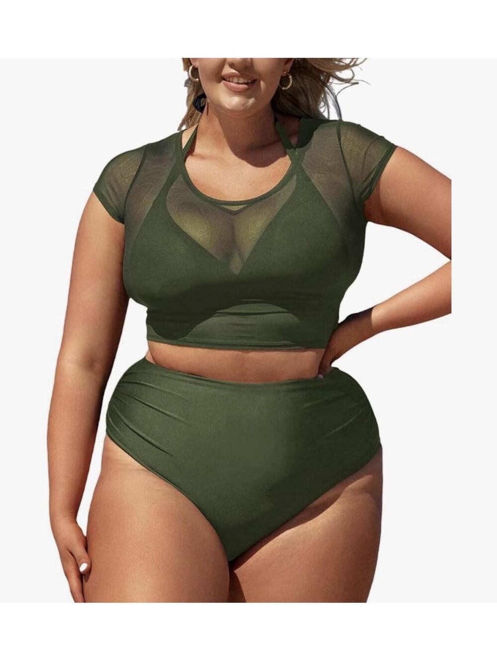 Cupshe 3 Piece Plus Size Green High-Waisted Bikini Set with Cover-Up Shirt 1X